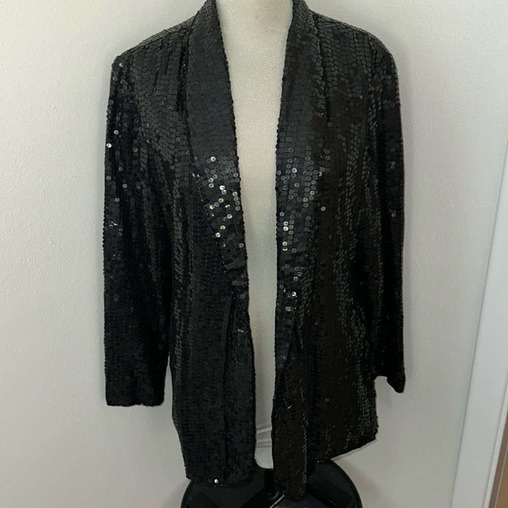 Vintage 100% silk sequin bead black jacket blazer medium m cocktail